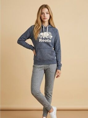 Roots Navy Heather Pullover Hoodie with White Logo